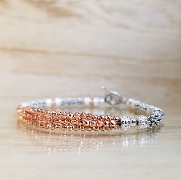 Three Row Rose Gold Two Tone Toggle Bracel… - Picture 2 of 16